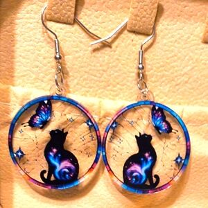 Dangling Earrings Cat Whimsical Fairy Butterfly Colorful